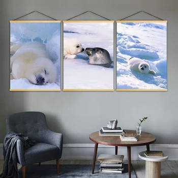 

Canvas Picture Home Decor Nordic Seal Animal Snow Landscape Print Wooden Scroll Hanging Painting For Living Room Wall Art Poster
