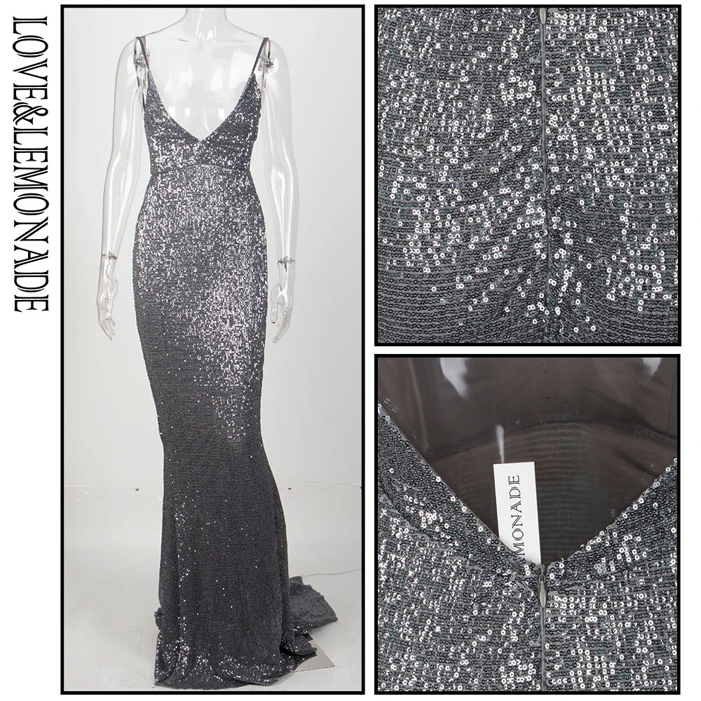 Love& Lemonade Серый Глубокий v-образный вырез открытая спина эластичный материал с пайетками Вечерние Длинное платье LM1051