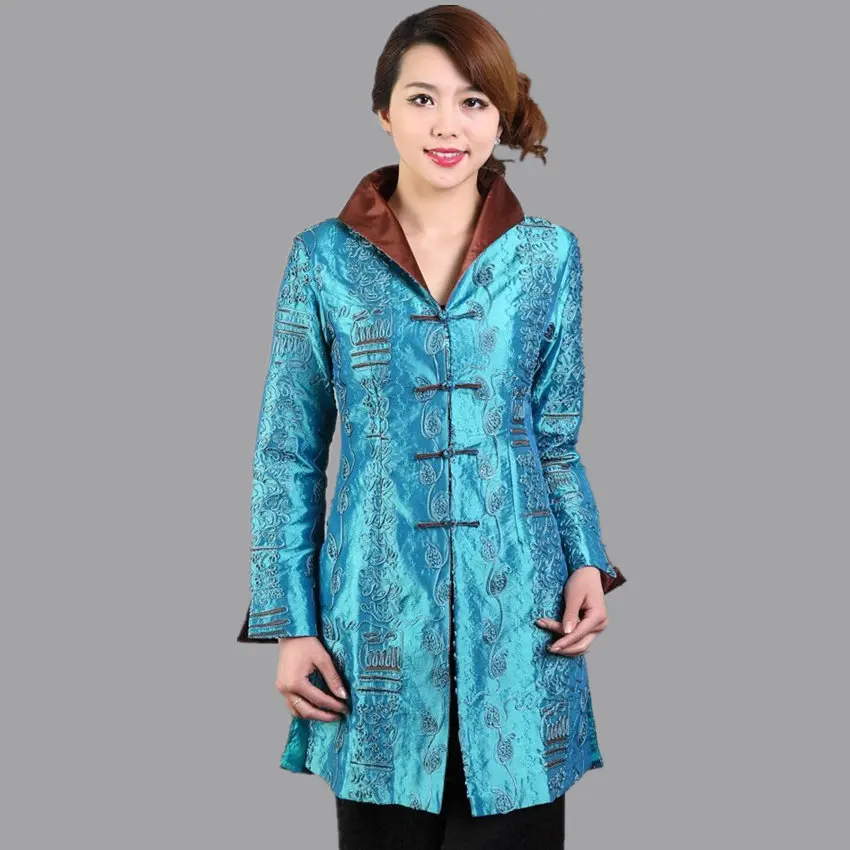 

Blue Autumn New Chinese Female Satin Jacket Traditional Long Sleeve Embroidery Coat Flowers Size S M L XL XXL XXXL 4XL 5XL