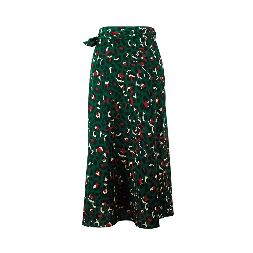 Винтажные леопардовые длинные юбки с принтом, Женская юбка миди с высокой талией, галстук-бабочка, летняя сексуальная юбка с разрезом, женская зеленая юбка jupe femme