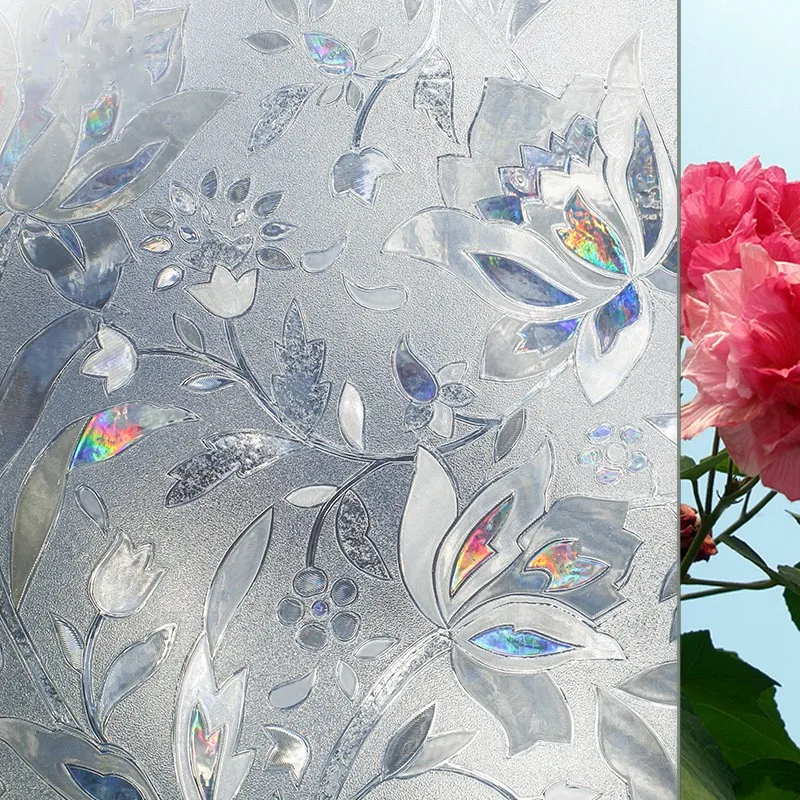 3D Laser Tulip Privacy Window Sticker Decorative Film Static Glass Opaque Glue-free Self-Adhesive Film Bathroom door Home Decor