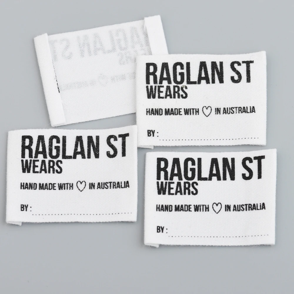 Customized design 1 color print BIG natural WHITE cotton garment labels/clothing tags/silk screen printed label CWPL-001B