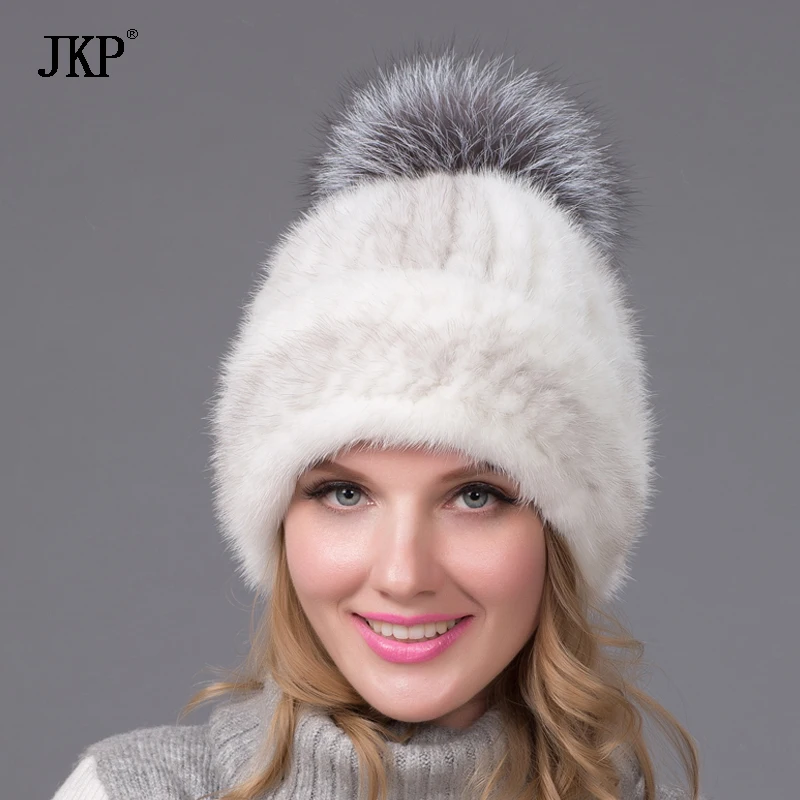 Женская зимняя норковая меховая шапка, настоящая вязаная норковая шапка из меха серебристой лисы, Женская русская теплая шапка, женская меховая шапка
