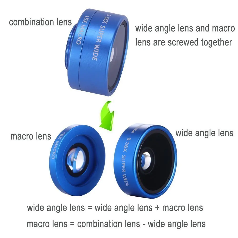 Клипса на объектив камеры комплект 0.36X супер широкий угол+ 15X макрообъектив+ 195 Рыбий глаз объектив для iPhone 6S samsung мобильного телефона V07