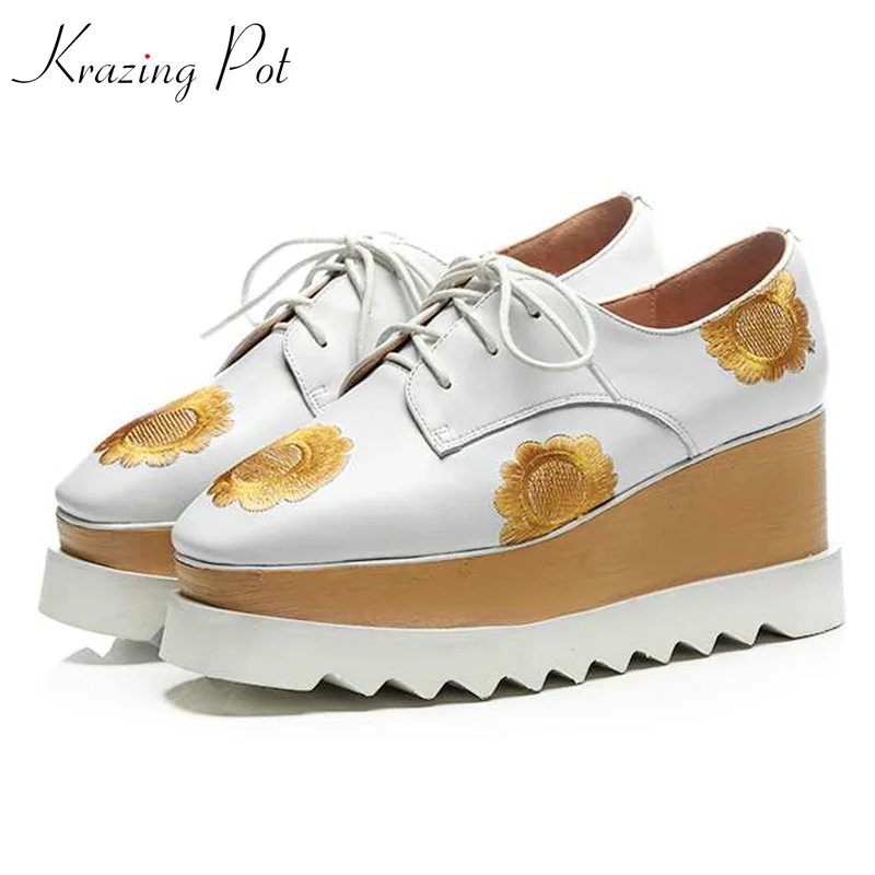 

Krazing Pot cow leather embroidery yellow flowers brand shoes 8cm high heels Summer Autumn pumps high quality platform shoes L06