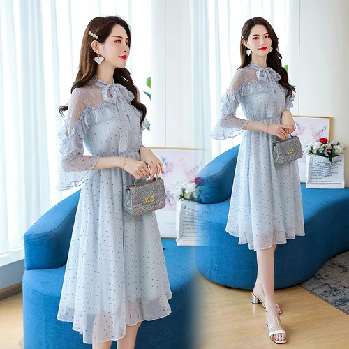 

Woman's Korean Lace Atchwork Chiffon Dress Sexy Chic Patchwork Dot Dresses Elegant Flarre Sleeve Vestidos De Fiesta