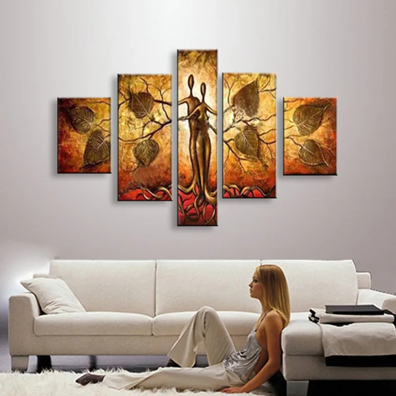 

Large 5 Panel Canvas Pictures Hand-painted Abstract Tree Paintings Handmade Trees Lovers Oil Painting Wall Art For Living Room