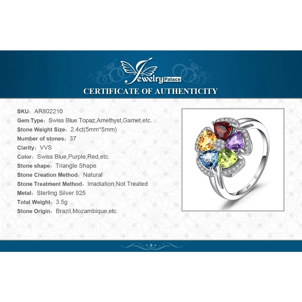 JewelryPalace Fower 2.6ct Natural Blue Topaz Amethyst Citrine Garnet Peridot Ring 925 Sterling Silver Gemstone Fine Jewelry