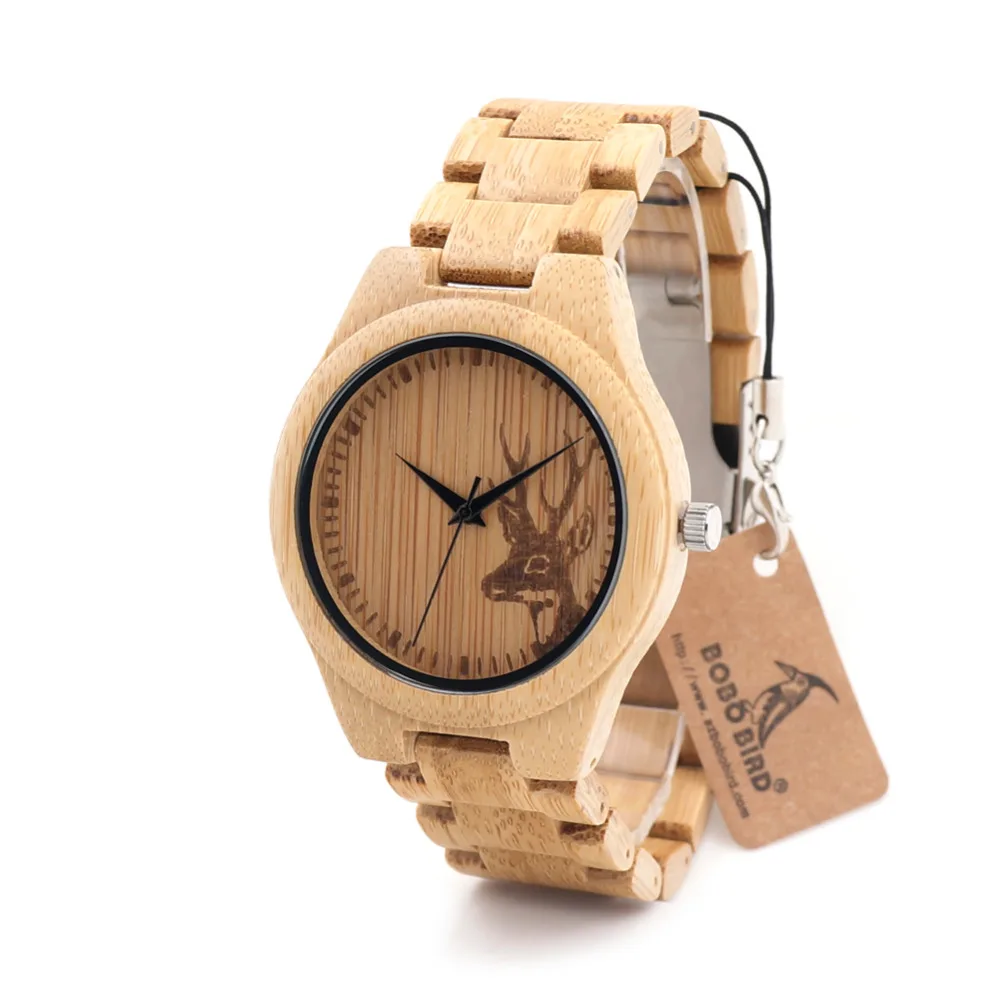 BOBO BIRD V-D28 Wooden Mens Watch Engraving Reindeer Design Bamboo Quartz Clock With Folding Clasp reloj de los hombres