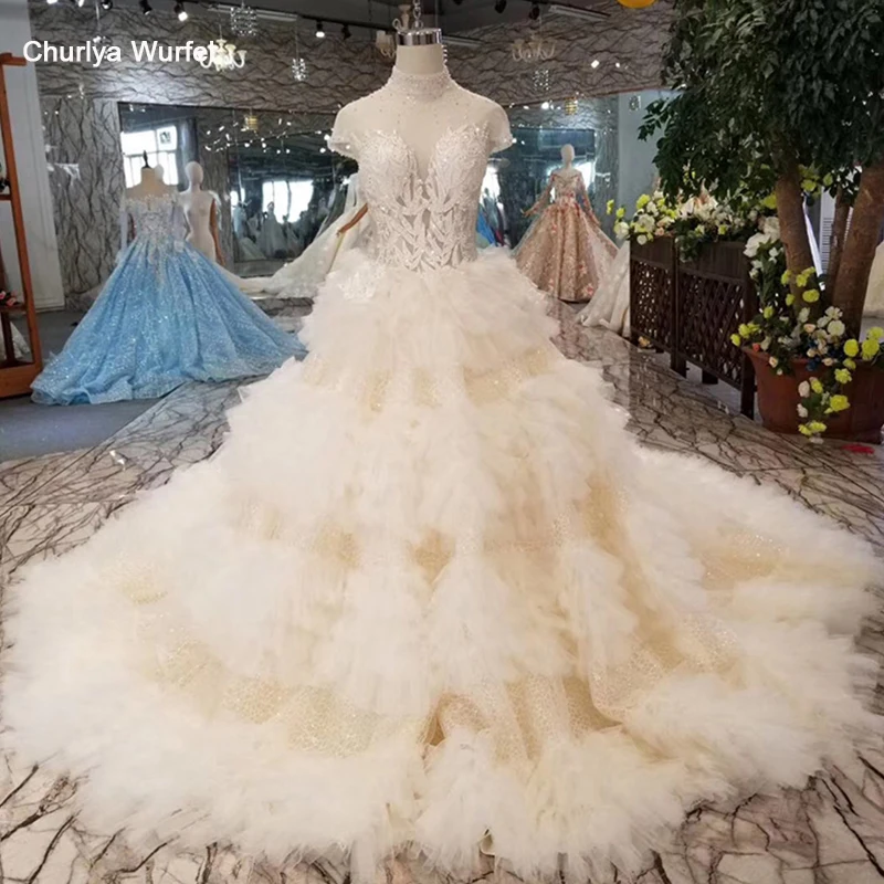 

LSS425 ruffle ball gown wedding dresses high neck short sleeves lace up open back bride dress wedding gown cake style mariage