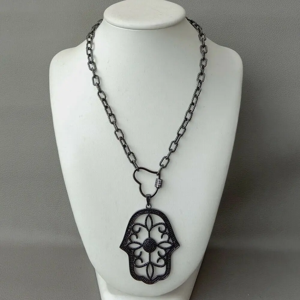 

17" 47x57mm Gunmetal black CZ Chain Hamsa Pendant Necklace