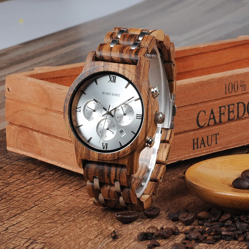 Мужские часы из дерева WP19 BOBO BIRD, новые роскошные часы из дерева, металлический ремешок, кварцевые часы с календарем и секундомером, роскошный подарок в стиле унисекс