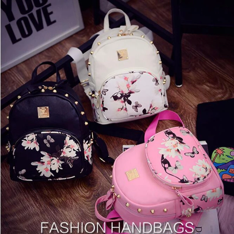 

Hanup Fashion Flower Butterfly Printing Women's Small Leather Backpack Rivet Girl Schoolbag Ladies Travel Mini Backpacks Bag