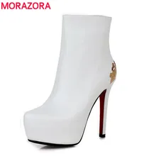 MORAZORA/ г., Модные осенние туфли на высоком каблуке-шпильке Ботильоны на платформе с круглым носком женские ботинки из мягкой искусственной кожи высокого качества