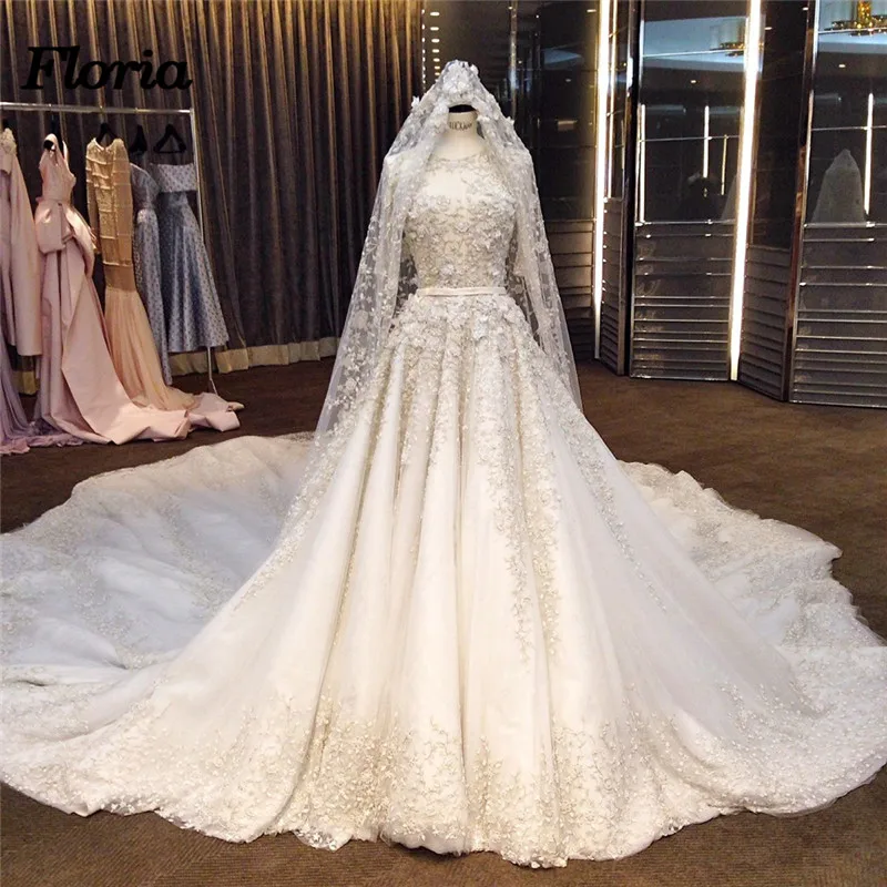 

Glamorous Beaded Ball Gown Wedding Dresses Vestido de noiva 2018 Hot Muslim Chapel Train Lace Sleeveless Bridal Wedding Gowns