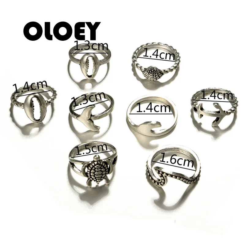 OLOEY 8Pcs/Set Shell Sea Turtle Shark Dolphin Tail Anchor Alloy Silver Rings For Women Unisex Charm Ring Set Jewelry Anillos