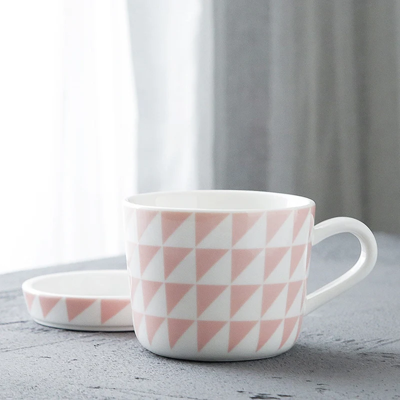 Ceramic Mug with Saucer Geometric Design Pink Mug for Coffee Tea Milk Porcelain Cup with Handle for Afternoon Tea (Mug Saucer) Ceramic Mug with Saucer Geometric Design Pink Mug for Coffee Tea Milk Porcelain Cup with Handle for Afternoon Tea (Mug Saucer)