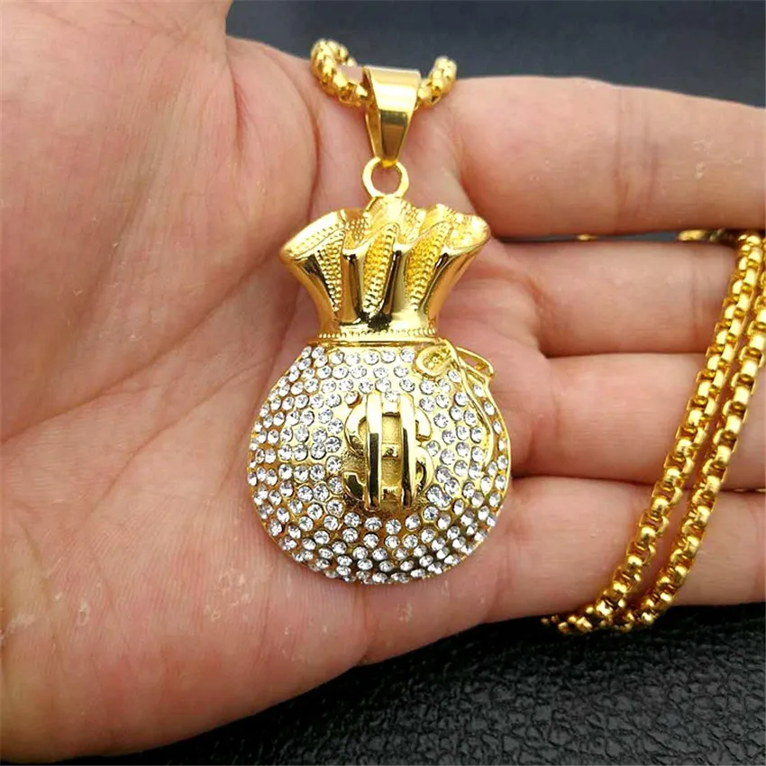 

Iced Out Money Dollar Necklace & Pendant With Stainless Steel Chain Gold Color Bling Cubic Zircon Men's Hip hop Jewelry For Gift