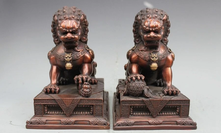 

Chinese FengShui Pure Bronze Copper Guardian Palace Door Foo Dog Lion Pair a5.19