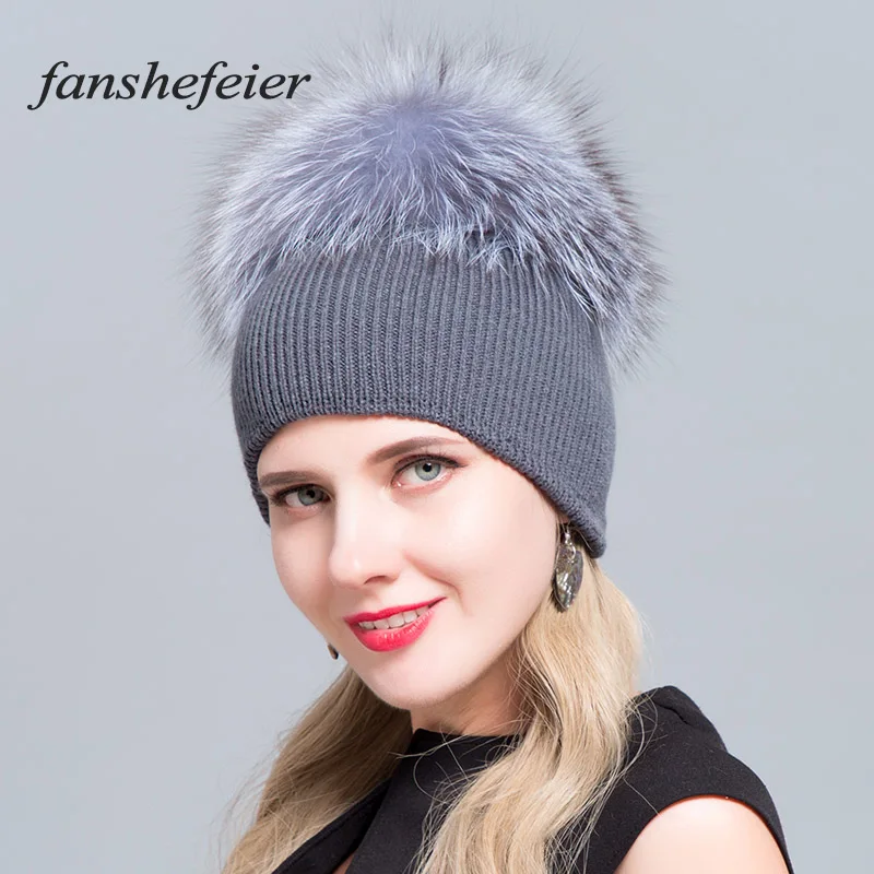 Fanshefeier, новинка, зимние шапки бини, женская вязаная шерстяная Повседневная шапка с натуральным мехом енота, лисы, с помпоном, однотонные, горнолыжные шапки