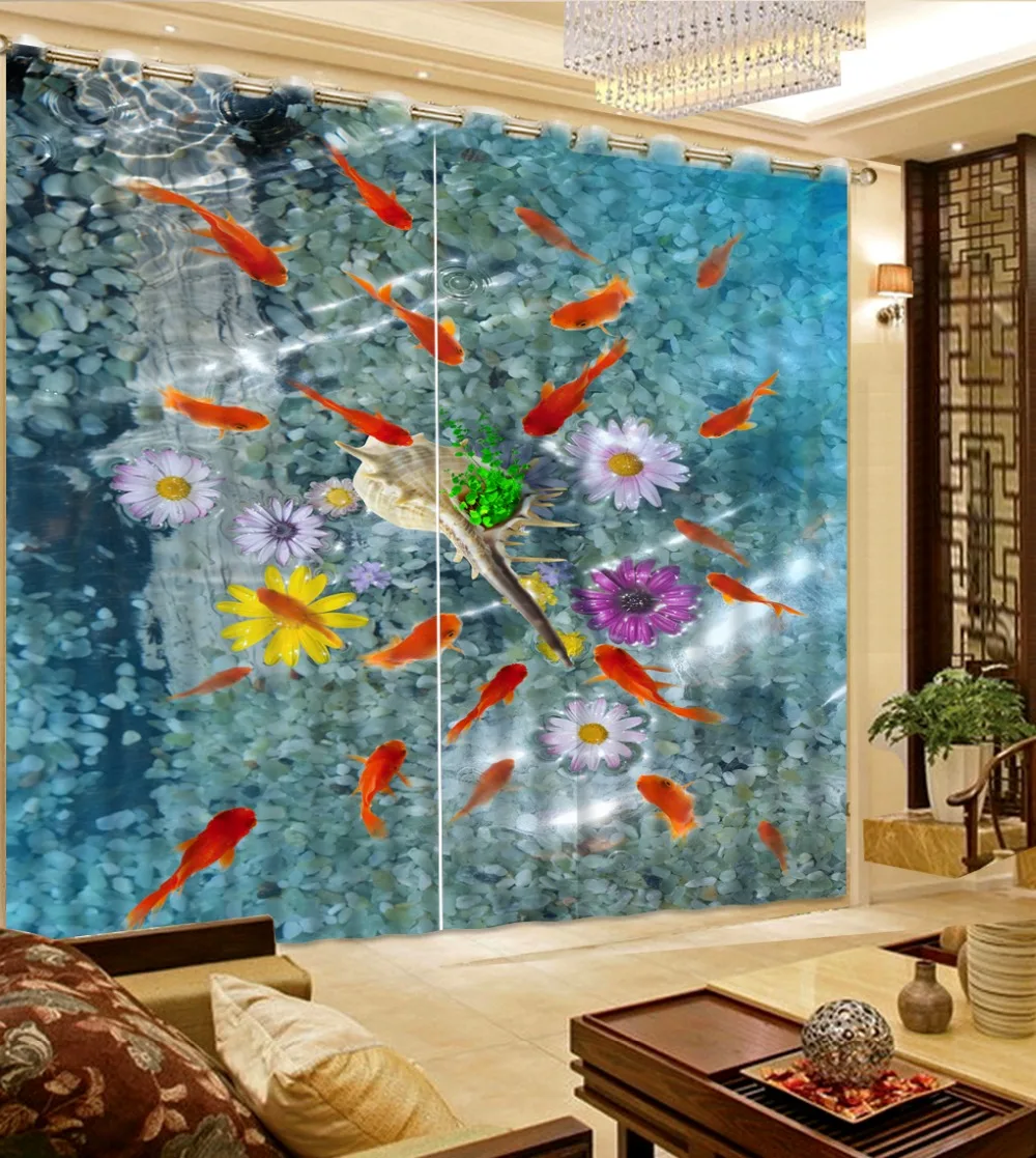 

modern living room curtains Custom any size Goldfish shell flower pebbles 3d curtains curtains for living room 3d