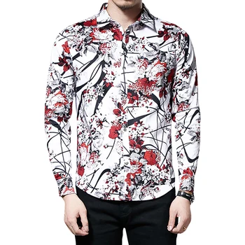 

YUNCLOS Mens Casual Floral Printed Shirts Long Sleeve Funky Slim Fit Cotton Shirt Fashion Casual Tops Unique Pattern Red