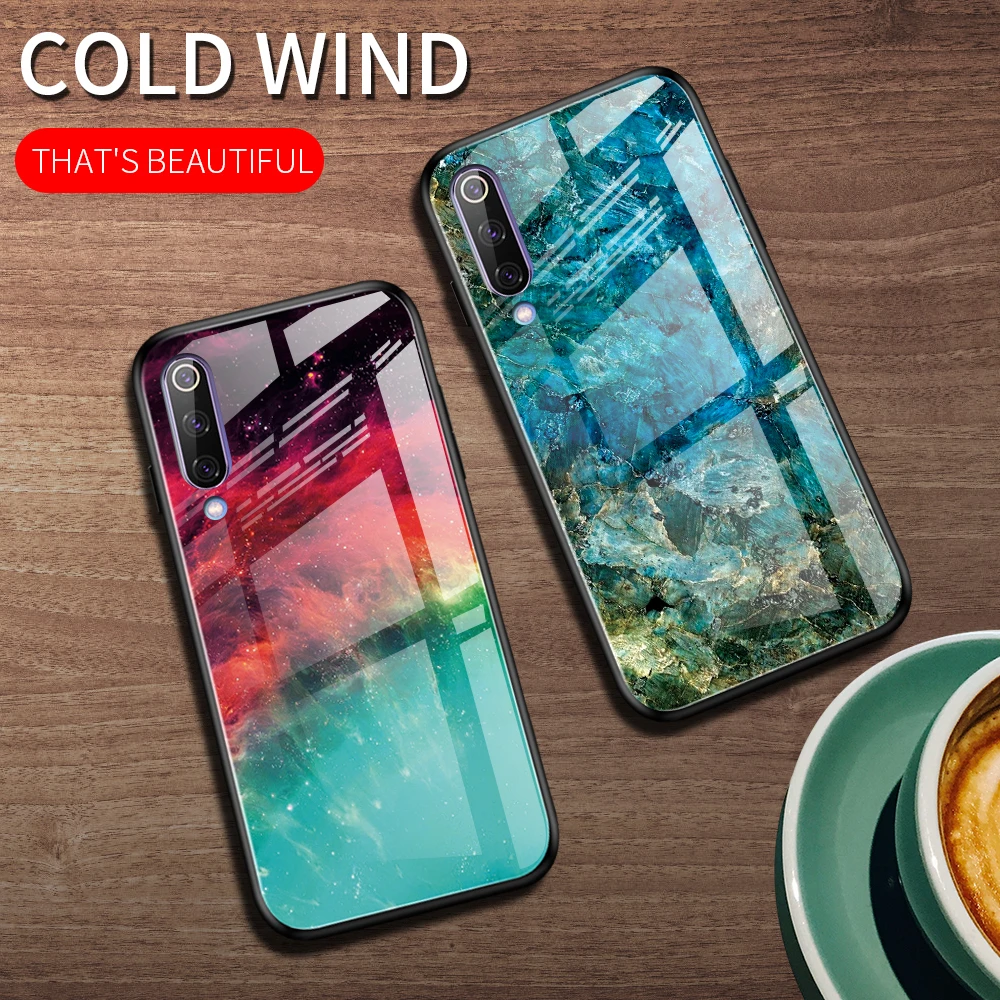 

Starry Sky Pattern Tempered Glass Phone Case For Xiaom Mi 9 SE 9T CC9 CC9E A3 9SE E Silicone Bumper Marble Hard Back Cover Capa