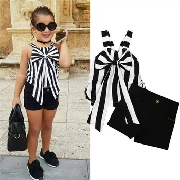 

Summer Kids Baby Girls free shipping Clothes off shoulder strap striped bow sleeveless Tops Button pocket Shorts 2pc cute outfit