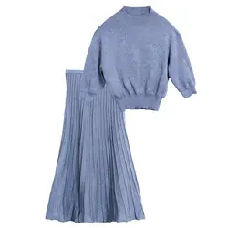 Для женщин свитер юбки комплект синий элегантные плиссированные Миди-юбки пуловер Трикотаж Топы Женский вязаный повседневный комплект
