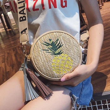 

ETAILL Pineapple Embroidered Tassel Round Rattan Bags Bohemian Crossbody Bag Straw Bags for Women Summer 2018 Beach Shoulder Bag