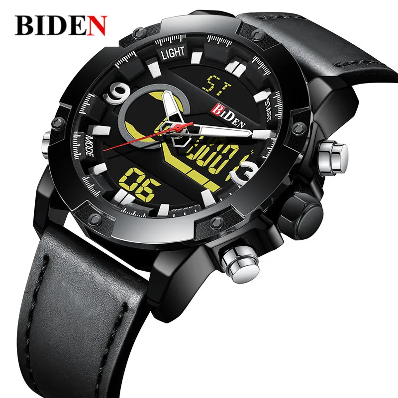 

Luxury Brand Men Black Steel Watch LED Digital Date Leather Band Military Sports Male Quartz WristWatch Clock Relogio Masculino