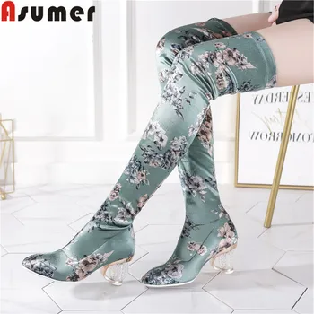 

ASUMER 2020 new over the knee boots women square toe slip on Silk elastic boots printing crystal heel elegant prom women boots