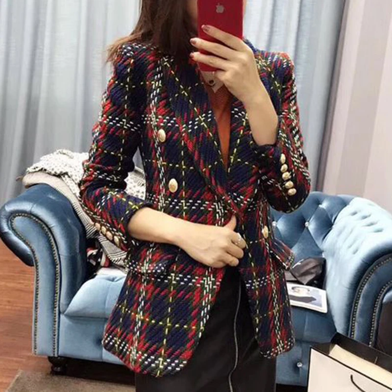 

HIGH STREET New Fashion 2019 Baroque Designer Blazer Coat Women's Double Breasted Lion Buttons Plaid Wool Tweed Blazer Overcoat