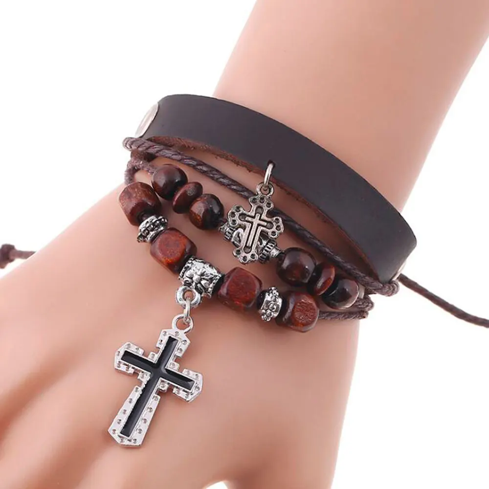 

Vintage Style Multi Layered Genuine Leather Bracelet Men Women Bangle Charm Cross Accessories Cuff Bracelets pulseras mujer