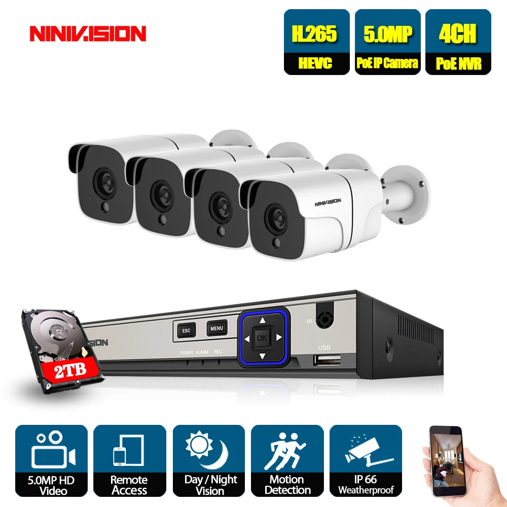 

5MP 4CH 8CH Network PoE Video Surveillance System 4pcs 5.0MP Outdoor Indoor Bullet IP Cameras CCTV Security NVR Kit 2TB HDD