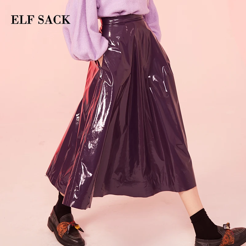 

ELF SACK New Woman Skirts Pu Leather Skirts Casual Solid A-line European Purple Femme Skirts Mid-Calf Party Streetwear Skirts