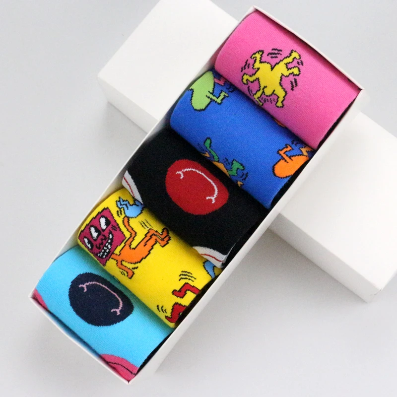 

5 Pairs Cartoon Character/Smiley Face Colorful keith haring Funny Women Men Unisex Socks Fancy Happy Socks Cotton Cozy Socks