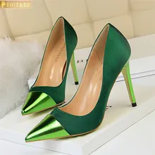 Women Shoes Pointed Toe Pumps Satin splice Pointed 10CM thin High Heels Boat Wedding Dress Office Shoes