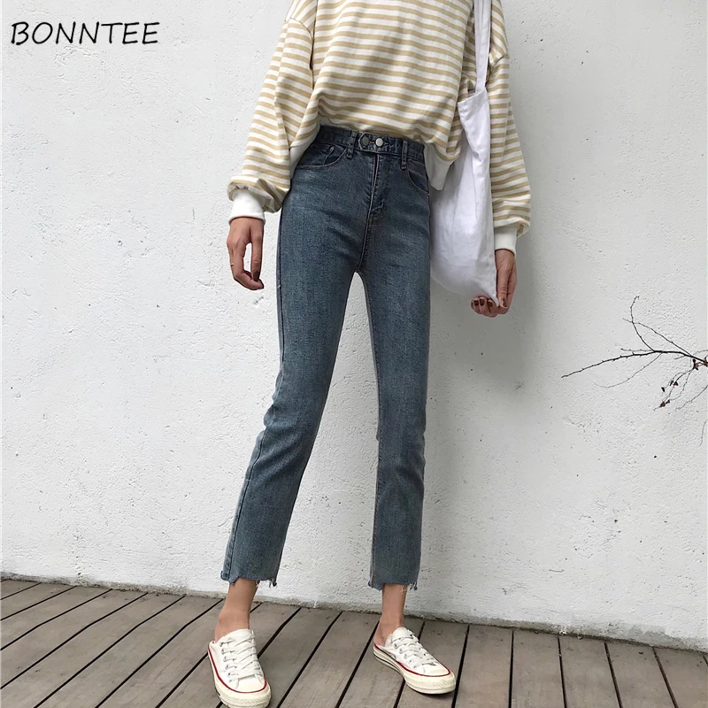 

Jeans Women Slim Trendy All Match Korean Style Simple Womens Straight Ankle-length High Elasticity Trousers Student New Button