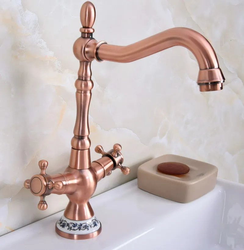 Antique Red Copper Brass Dual Cross Handles Bathroom Kitchen Basin Sink Faucet Mixer Tap Swivel Spout Deck Mounted mnf614