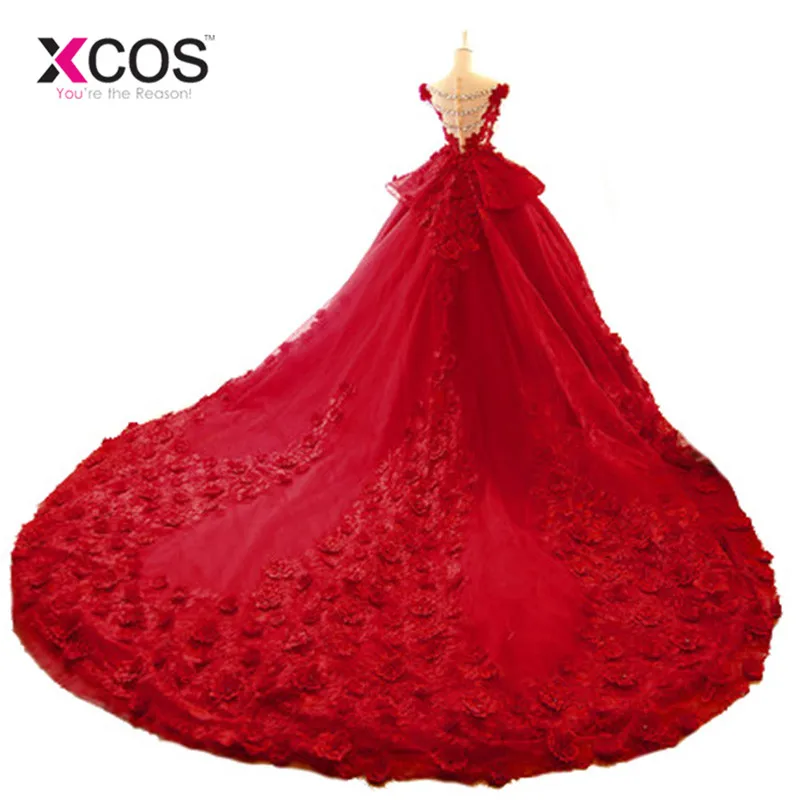

XCOS 2018 Free Shipping Vintage Flower Red Wedding Dresses Long Train Plus Size Ball Gown Robe de Mariee Vestido De Noiva