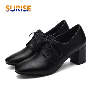 

Spring British Women Derbies Red PU Leather Square Toe High Block Heel Pumps Vintage Casual Oxford Lace Up Brogues Ladies Shoes