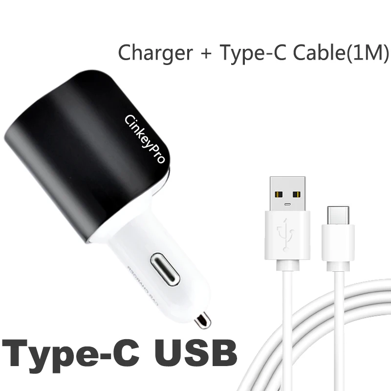 CinkeyPro автомобильное зарядное устройство прикуриватель адаптер 3.1A 2 порта USB телефон адаптер зарядки Micro type C кабель для iPhone samsung - Тип штекера: Type C Black