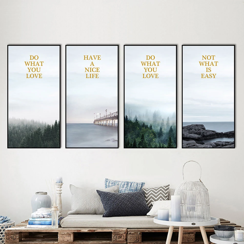 

Nordic Style Fog Forest Landscape Life Quote Pictures Painting Art Canvas Printing Wall Poster for Living Room Home Decor Framed