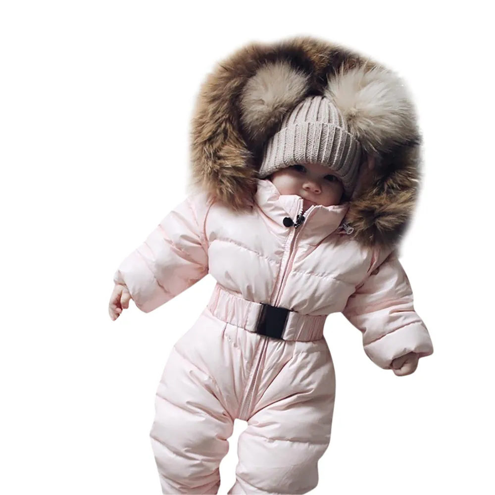 Зимние детские комбинезоны для мальчиков и девочек, комбинезон-жакет с длинными рукавами, комбинезон с капюшоном для малышей, осенне-зимнее теплое плотное пальто - Цвет: Pink