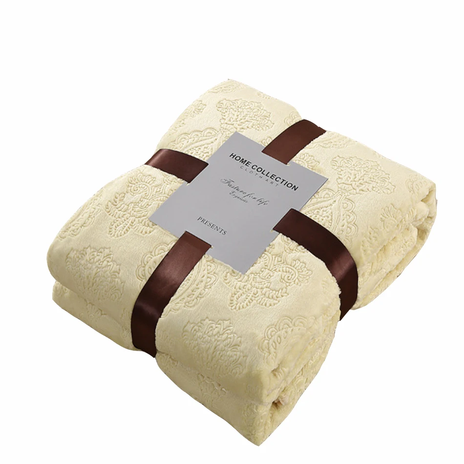 Multi size yellow fleece blanket on the bed,100% polyester ...