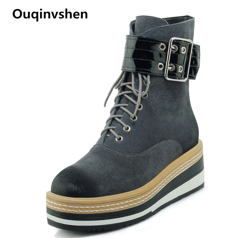 

Ouqinvshen Buckle Strap Platform Boots Fashion Kid Suede Round Toe Party Black Winter Martens Boots Lace Up Women Ankle Boots