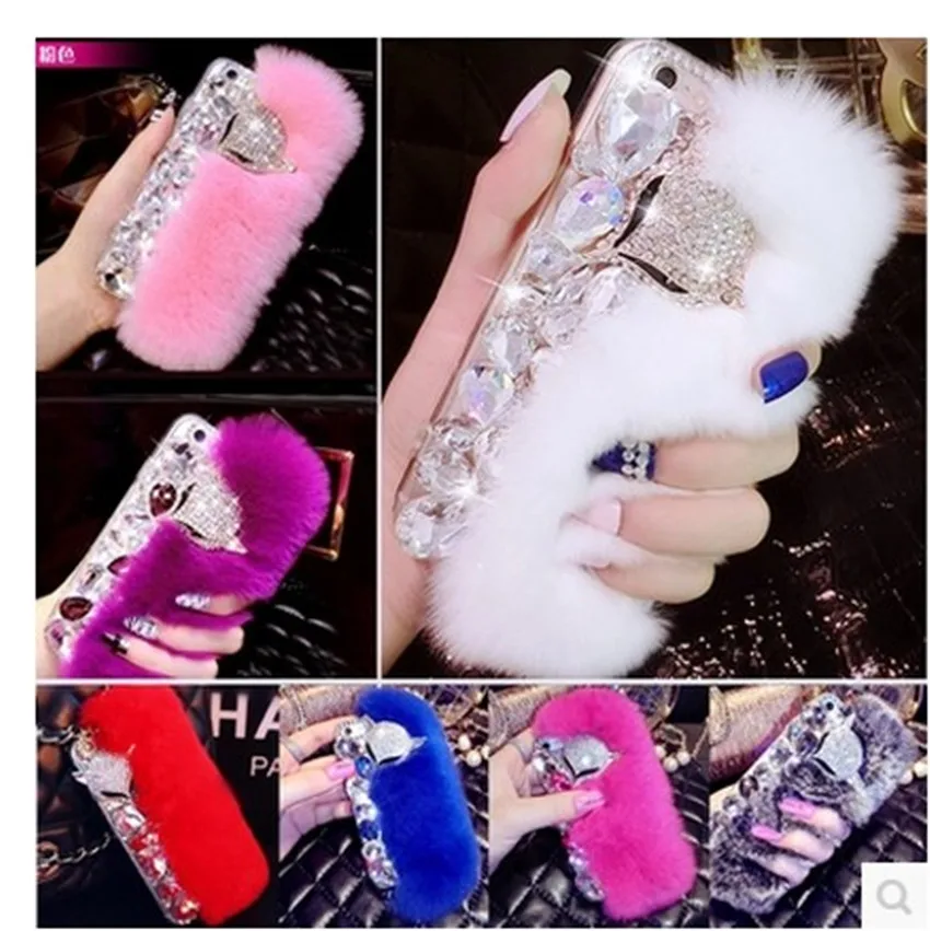 3D Luxury Bling Diamond Rabbit Fur Case Fox Head Phone Case Cover For Samsung A3 A5 A7 J5 J7 2017 J510 J710 2016 A8 plus 2018