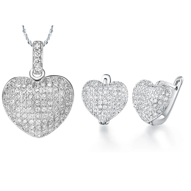 Úžasná cena stříbrné šperky plné křišťálové srdce šperky set pro ženy drop náušnice přívěsek náhrdelníky nastavit horké prodej