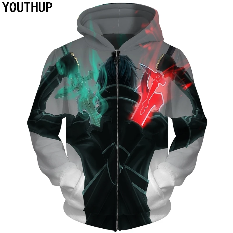 YOUTHUP 2020 Аниме Меч Искусство толстовки с капюшоном онлайн мужские 3d Кирито принт